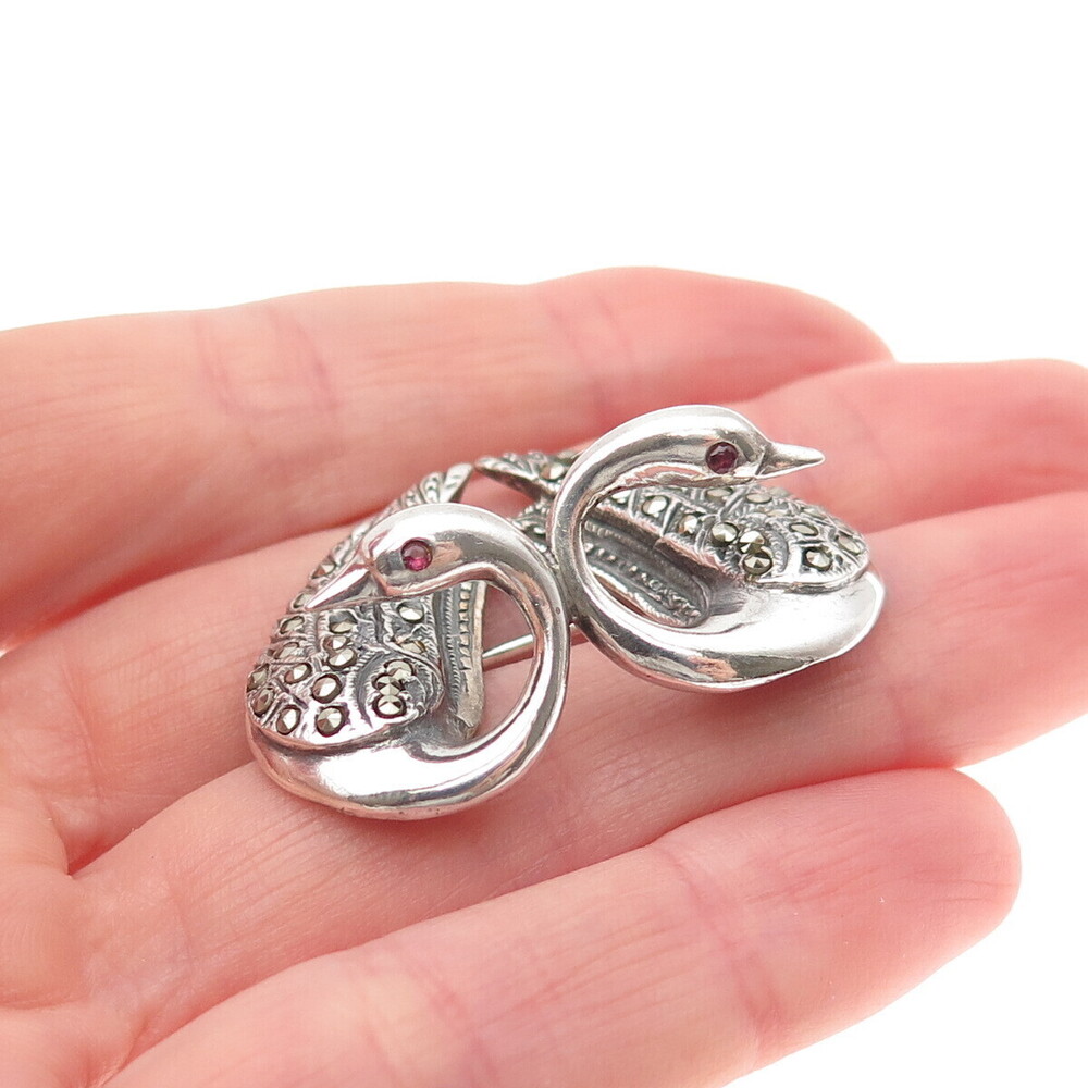 925 Sterling Silver Vintage Real Marcasite & Red Garnet Swan Couple Pin Brooch